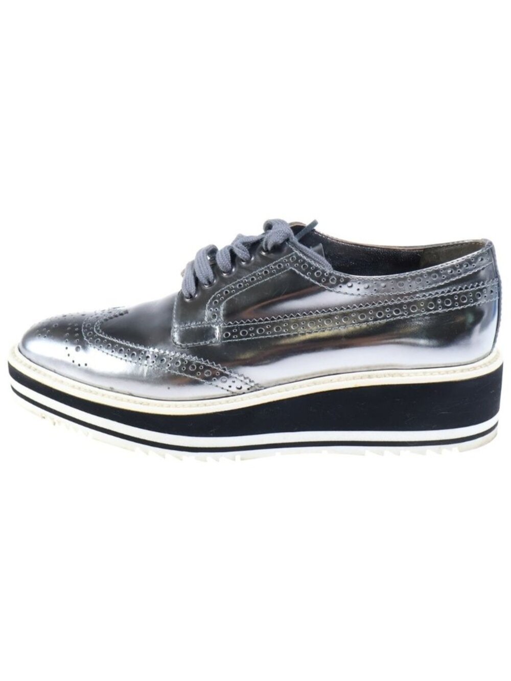 Prada Metallic Leather Wingtip Medallion Dress Shoes Silver